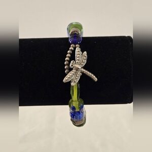 Vintage Murano Handblown & Handpainted Lampwork Silver Dragonfly Beaded Bracelet